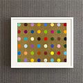Vibrant Abstract Painting With Colorful Dots In White Frame On Gray Background
