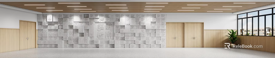 Modern Front Desk Reception with 3D Letters Background Wall Wooden Ceiling and Door Design 3d model 
