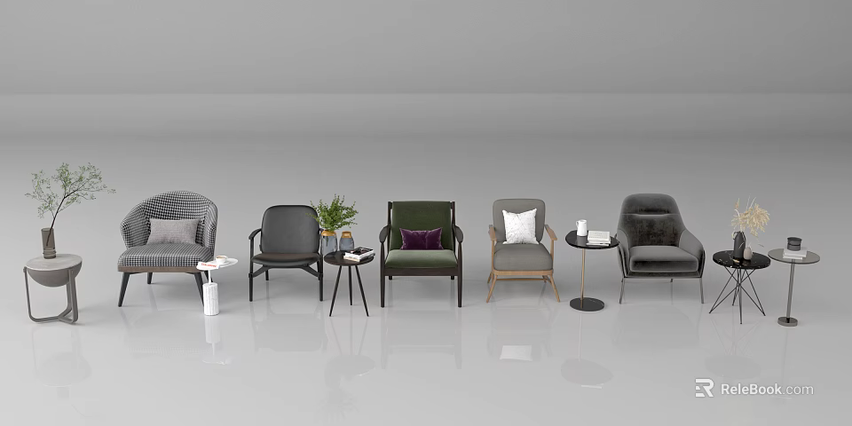 Stylish Leisure Sofa Set With Various Styles Comfortable Cushions And Decorative Plants 3d model