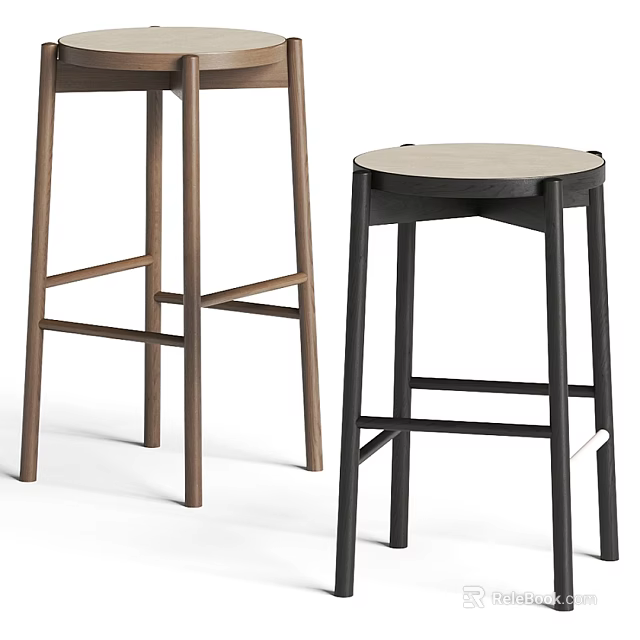 Modern Wooden And Black Bar Stools With Round Seats For Kitchen Counter 3d model 