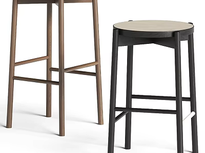 Modern Wooden And Black Bar Stools With Round Seats For Kitchen Counter 3d model