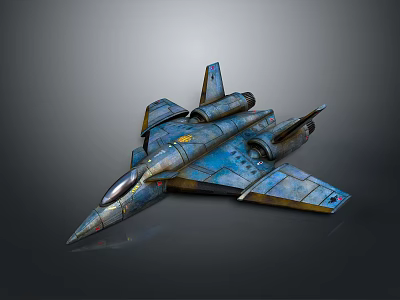 3D Model Fighter Jet With Blue Yellow Metallic Texture And Detailed Design 3d model
