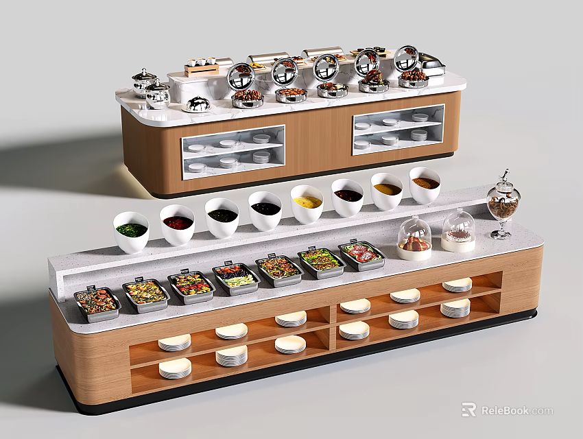 Functional Bar Counter with Multiple Condiment Bowls Ingredient Compartments Wooden Design and Storage Drawers 3d model 
