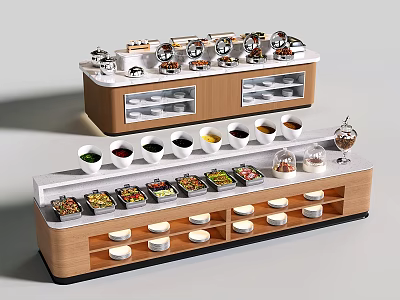 Functional Bar Counter with Multiple Condiment Bowls Ingredient Compartments Wooden Design and Storage Drawers 3d model