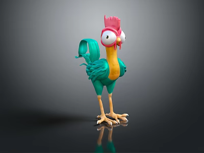 Cartoon Rooster Character 3D Model With Big Eyes Pink Comb Green Body Yellow Neck 3d model