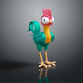 Cartoon Rooster Character 3D Model With Big Eyes Pink Comb Green Body Yellow Neck