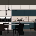 Modern Kitchen Interior With Teal Cabinets White Upper Cabinets Round Dining Table And Pendant Lights