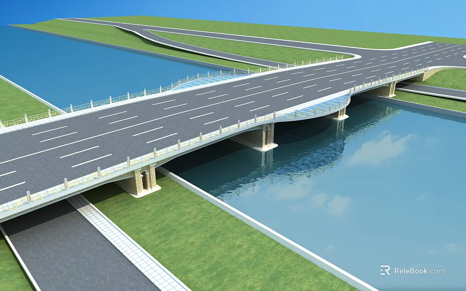 Modern Concrete Bridge Over River With Green Grass And Multiple Lanes 3d model 
