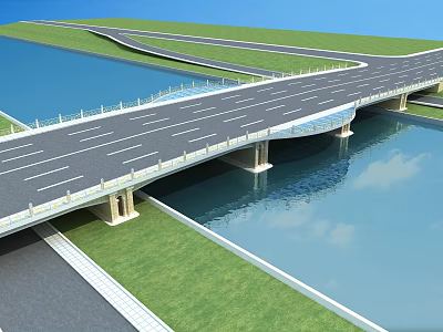 Modern Concrete Bridge Over River With Green Grass And Multiple Lanes 3d model