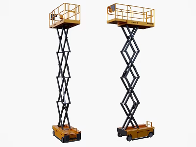 Two Yellow Industrial Scissor Lifts With Elevated Work Platforms And Mobile Wheels 3d model