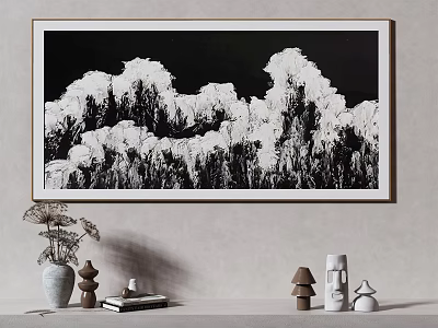 Black and White Abstract Painting Hanging on Wall with Decorative Figurines Vase and Books 3d model