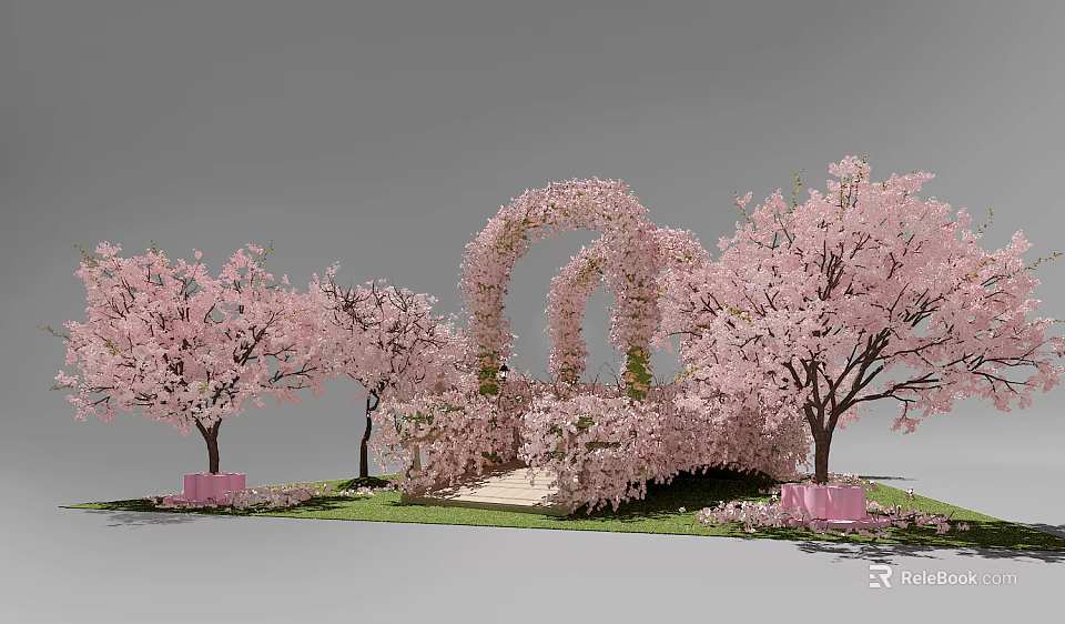 Cherry Blossom Archway Surrounded by Pink Trees and Green Grass with Steps 3d model 