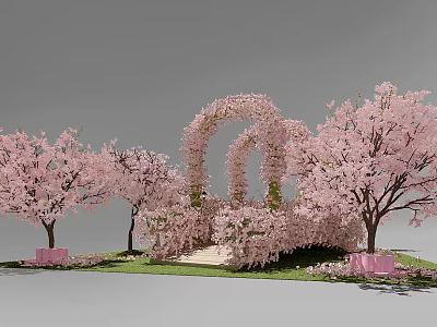 Cherry Blossom Archway Surrounded by Pink Trees and Green Grass with Steps 3d model