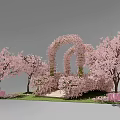 Cherry Blossom Archway Surrounded by Pink Trees and Green Grass with Steps
