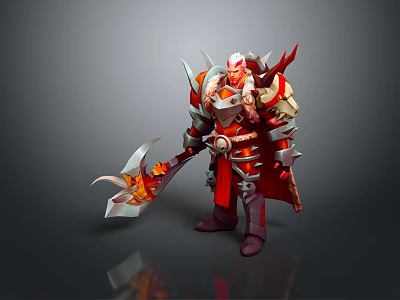 Game Fantasy Warrior Character Wearing Red Silver Armor Holding Flame Axe with Spiked Shoulders 3d model