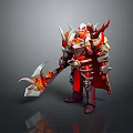 Game Fantasy Warrior Character Wearing Red Silver Armor Holding Flame Axe with Spiked Shoulders
