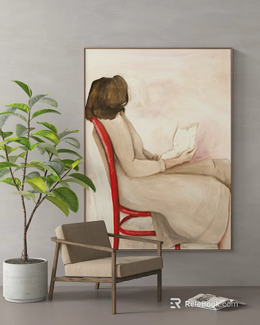 Painting of Woman Reading on Red Chair with Green Plant and Gray Chair 3d model 
