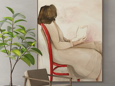 Painting of Woman Reading on Red Chair with Green Plant and Gray Chair 3d model