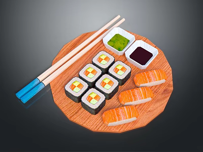 Fresh Sushi Platter With Maki Rolls Salmon Nigiri Soy Sauce Wasabi And Chopsticks 3d model