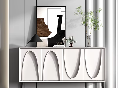 Modern White Console Cabinet With Curved Doors Mirror Green Plant And Vase 3d model