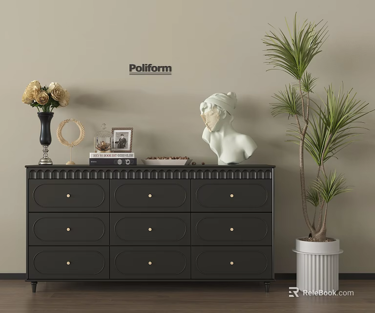 Dark Dresser With Golden Handles Yellow Flowers White Sculpture And Green Plant 3d model 