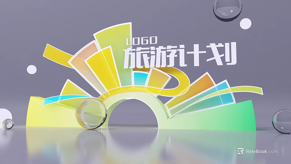 Check In Photo Spot With Travel Plan Logo Colorful Geometric Arch And Transparent Sphere 3d model 