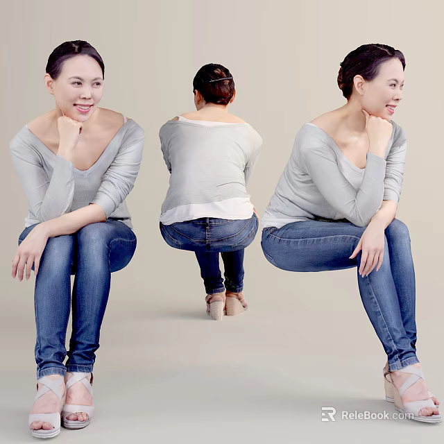 Woman In Gray Long Sleeve Top And Blue Jeans Sitting In Different Poses 3d model 