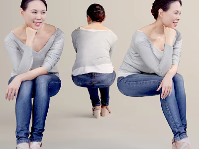 Woman In Gray Long Sleeve Top And Blue Jeans Sitting In Different Poses 3d model