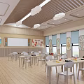 Bright and Cozy Kindergarten Classroom With Cloud Decorations Tables Chairs And Bookshelves