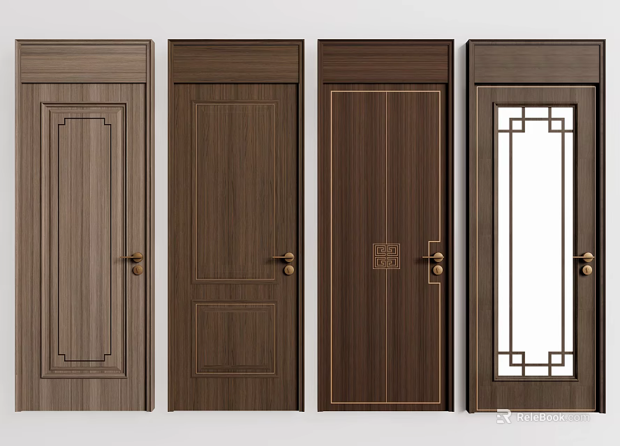 Elegant Wooden Hinged Doors With Carved Patterns Glass Panels And Simple Designs 3d model