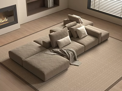 Large Sectional Beige Sofa with Pillows Throw Blanket Fireplace and Window Blinds 3d model