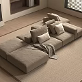 Large Sectional Beige Sofa with Pillows Throw Blanket Fireplace and Window Blinds 3d model