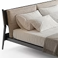 Modern Minimalist Double Bed With Wooden Frame White Pillows Gray Blanket And Soft Mattress