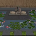 Lush Aquatic Plants With Lily Pads Lotus Flowers And Koi Fish Around Wooden Platform