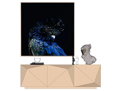 Blue Bird Animal Painting Displayed On TV Screen With Modern TV Stand And Decorative Sculptures 3d model