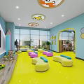 Colorful Kindergarten Interior With Yellow Floor Green Wall And Cloud Ceiling Decorations