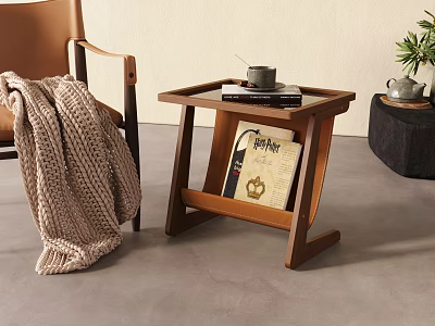 Wooden Side Table Design With Books Cup And Lower Shelf In Cozy Living Corner 3d model