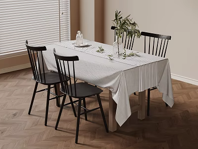 Stylish Dining Table With White Tablecloth Black Chairs And Green Plant Decoration 3d model