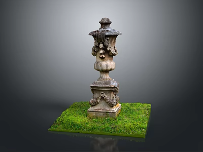 Scenic View of Ancient Stone Vase Sculpture on Lush Green Grass Landscape 3d model