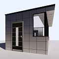 Modern Small Building With Large Glass Windows Black Frames And Gray Exterior Walls