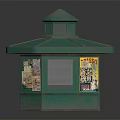 Green Octagonal Kiosk with Sloped Roof and Poster Covered Windows