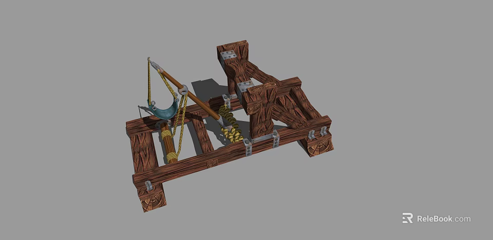 Ancient Wooden Medieval Weapon With Mechanical Rope And Metal Fittings Structure 3d model 