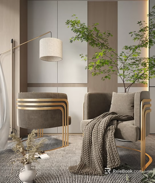 Gray Velvet Accent Chair With Gold Metal Frame Knitted Blanket Floor Lamp And Green Plant 3d model 