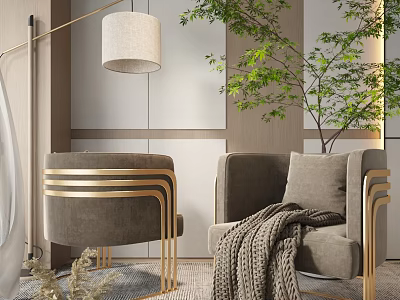 Gray Velvet Accent Chair With Gold Metal Frame Knitted Blanket Floor Lamp And Green Plant 3d model
