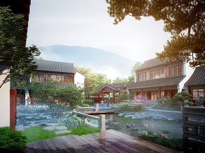 Traditional Chinese Ancient Architecture Courtyard With Pond Lotus And Mountain View 3d model