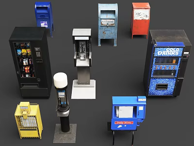 Different Food Snacks And Drinks In Vintage Colorful Vending Machines 3d model