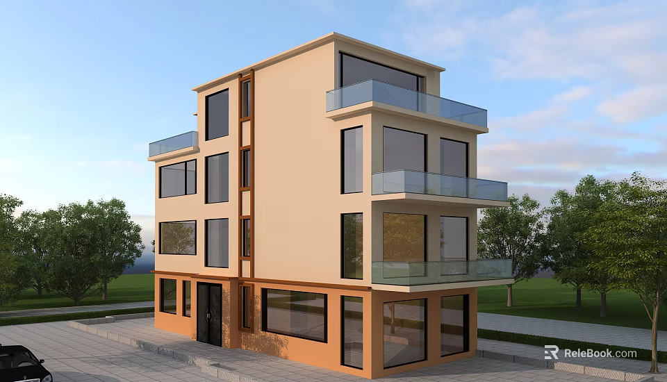Modern Detached Villa With Light Brown Exterior Multi Storey Balconies Glass Railings And Large Windows 3d model 