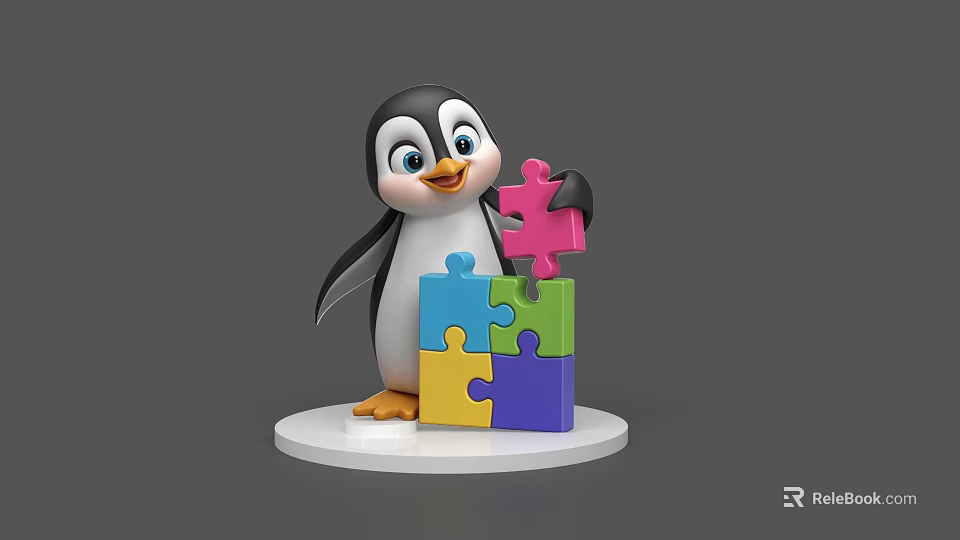 Cartoon Penguin Character Holding Colorful Puzzle Pieces On White Base 3d model 