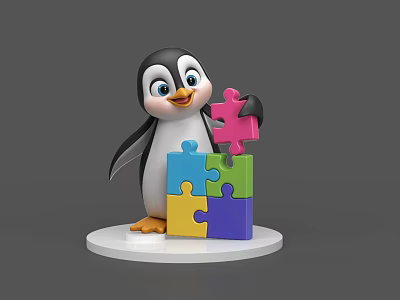 Cartoon Penguin Character Holding Colorful Puzzle Pieces On White Base 3d model