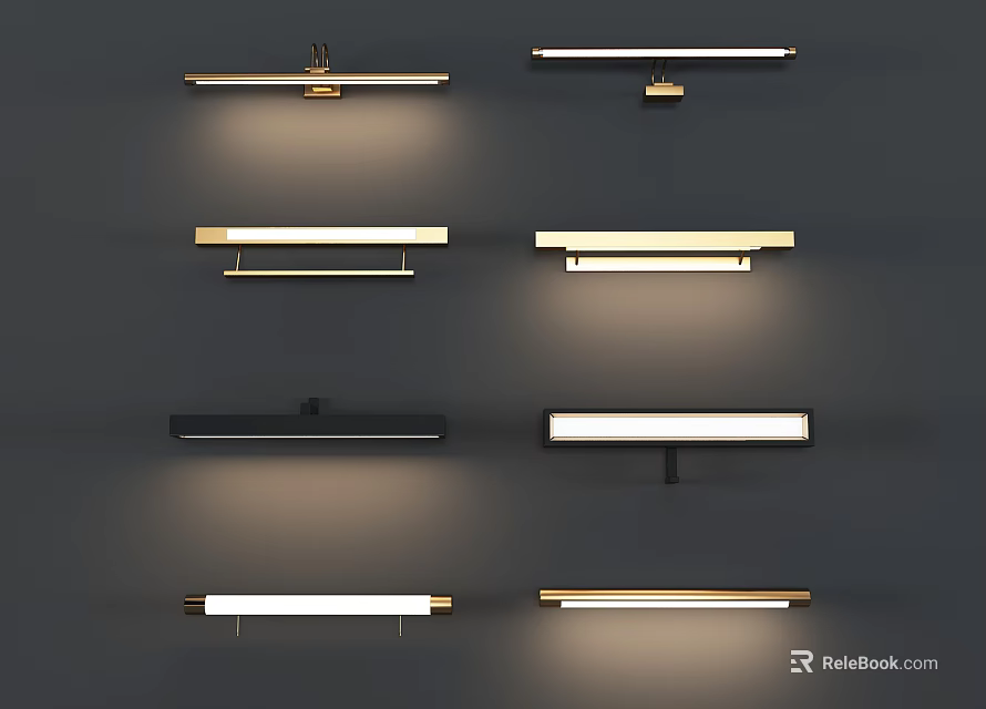 Multiple Modern Slim Rectangular Wall Lamps with Black Gold Frames Mounted on Gray Wall 3d model 
